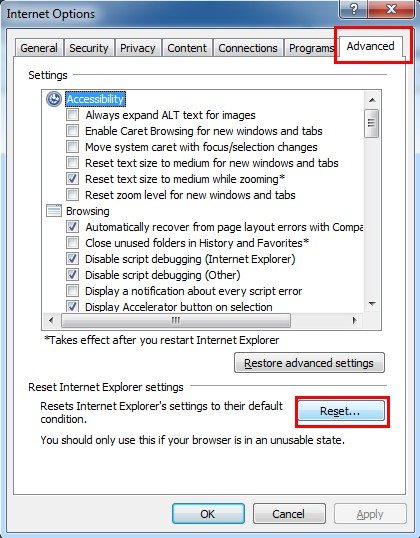 reset internet explorer