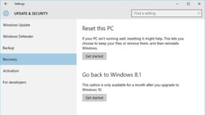 update and recovery option in window 10