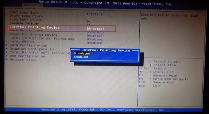 Enable Asus touchpad from BIOS menu