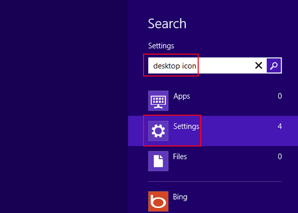 type desktop icon and choose settings