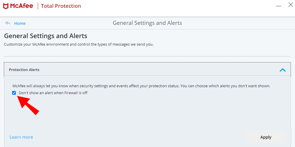 McAfee general settings