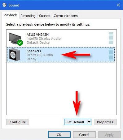 Choose speakers and then click on the Set Default button.