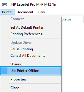 uncheck Use printer offline 