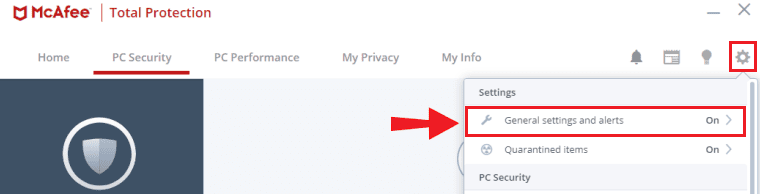 general setting and alerts mcafee