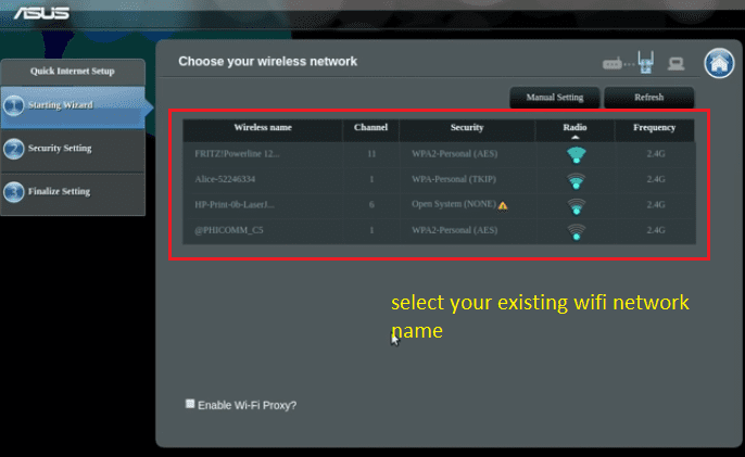 select your existing wifi network name