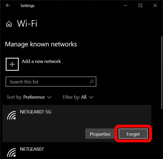 please select the network and then click on forget.
