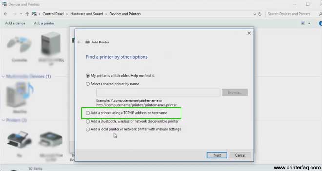 Add printer using tcp ip