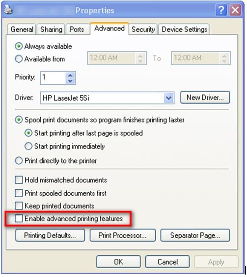 Disable the advance printing features