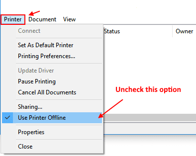 uncheck use printer offiine
