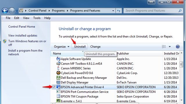uninstall epson
