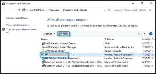 uninstall the HP device